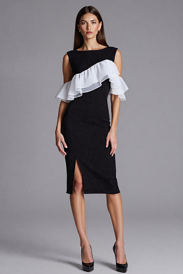 Ivory and Black Cold Shoulder Sheath Formal Dress with Ruffles
